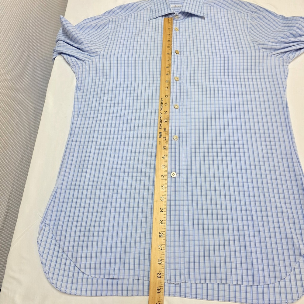 Quiet Luxury Kiton Dress Shirt Men 16.5 / 42 Blue Check Cotton Italy Workwear - Picture 15 of 16